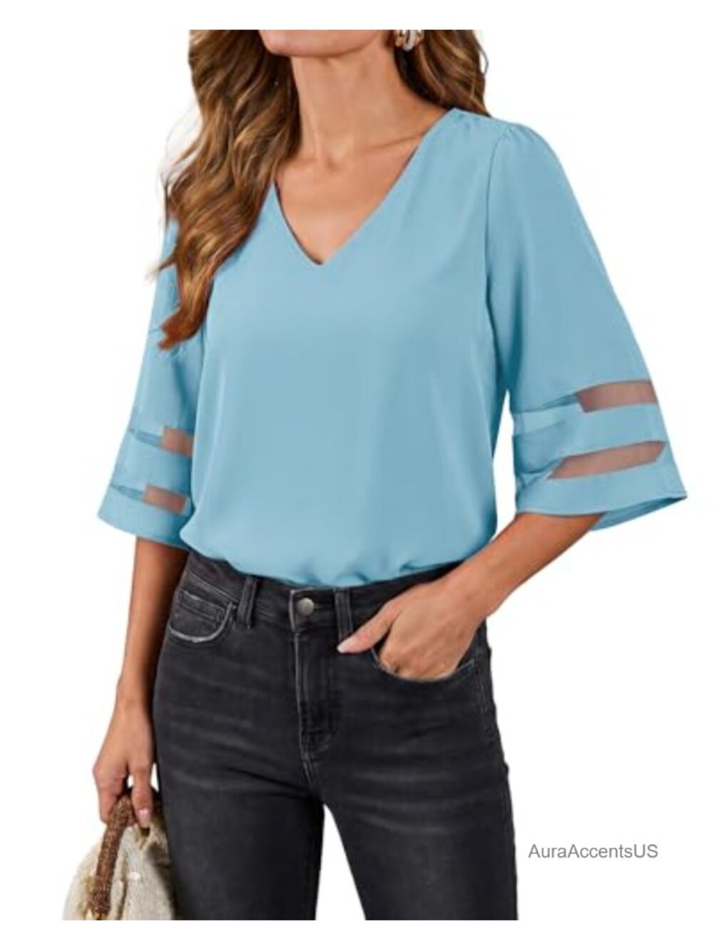 Women's V Neck Mesh Panel Blouse 3/4 Bell Sleeve Loose Top